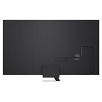 Pohled zepředu a z boku na LG QNED evo AI QNED86 4K Smart TV s rozměry na délku, šířku, výšku a hloubku.