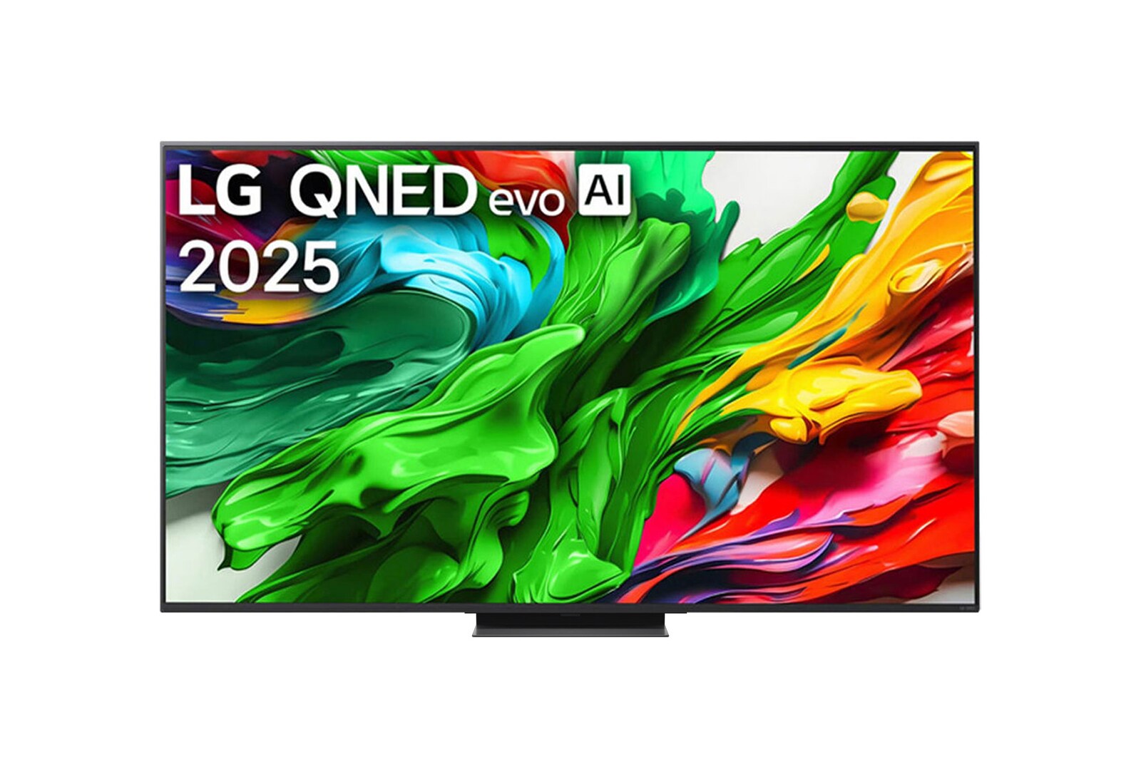 Pohled na LG QNED evo QNED85 TV zepředu, logo LG QNED evo Al v horním rohu. LG QNED evo QNED85 TV zobrazuje barevné kreslené textury, které se spojují.