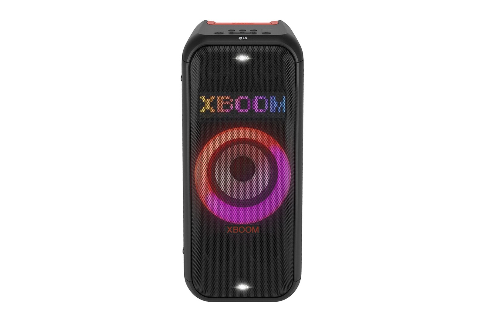 Pohled zepředu se zapnutým osvětlením. Na panelu Dynamické pixelové osvětlení se zobrazuje text; XBOOM.