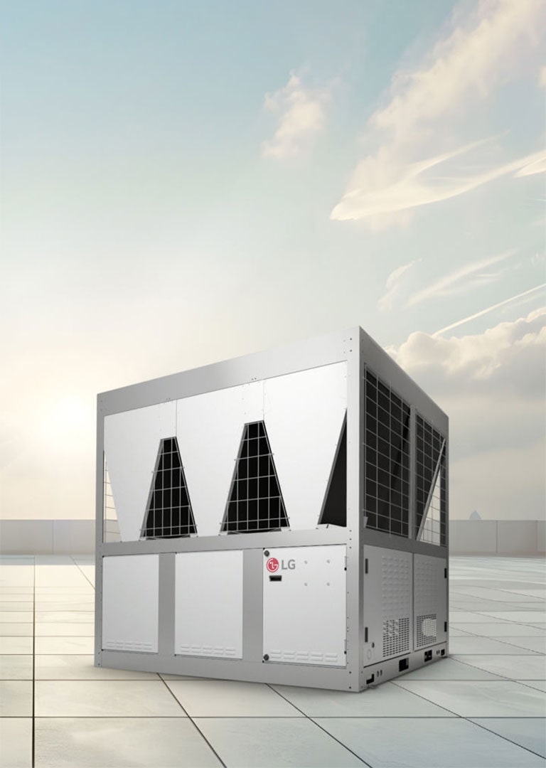 An LG Inverter Scroll Chiller is placed on a rooftop with a clear sky and soft sunlight in the background.