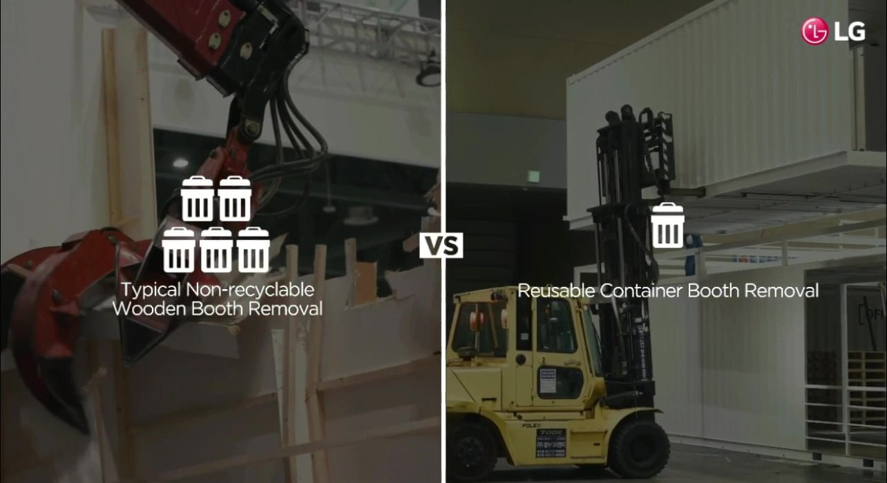 The video compares typical non-recyclable wooden booth removal process and reusable container booth removal process