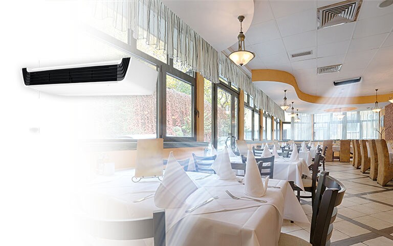 Obrázek restaurace v nákupním středisku se zapnutou klimatizací.