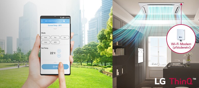 Obrázek ruky ovládající mobilní telefon a 4cestnou kazetu nainstalovanou na stropě kuchyně, ze které vychází proud vzduchu.