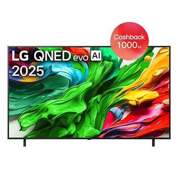 Pohled na LG QNED evo QNED85 TV zepředu, logo LG QNED evo Al v horním rohu. LG QNED evo QNED85 TV zobrazuje barevné kreslené textury, které se spojují.