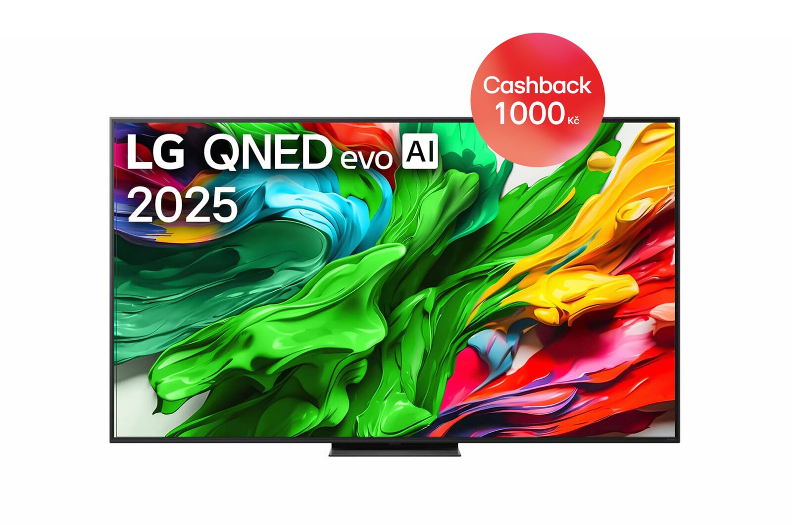 Pohled na LG QNED evo QNED85 TV zepředu, logo LG QNED evo Al v horním rohu. LG QNED evo QNED85 TV zobrazuje barevné kreslené textury, které se spojují.