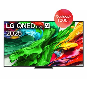 Pohled na LG QNED evo QNED85 TV zepředu, logo LG QNED evo Al v horním rohu. LG QNED evo QNED85 TV zobrazuje barevné kreslené textury, které se spojují.