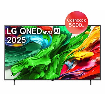 Pohled na LG QNED evo QNED85 TV zepředu, logo LG QNED evo Al v horním rohu. LG QNED evo QNED85 TV zobrazuje barevné kreslené textury, které se spojují.