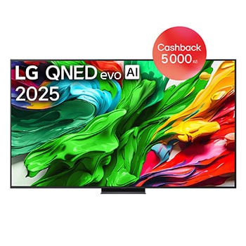 Pohled na LG QNED evo QNED86 TV zepředu, logo LG QNED evo Al v horním rohu. LG QNED evo QNED86 TV zobrazuje barevné kreslené textury, které se spojují.