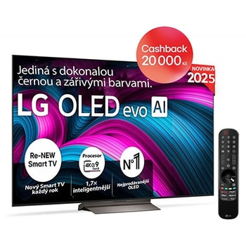 Čelní pohled na LG OLED evo AI C5 4K Smart TV. Na obrazovce je emblém 12 let světové jedničky OLED a logo LG OLED evo AI 2025.