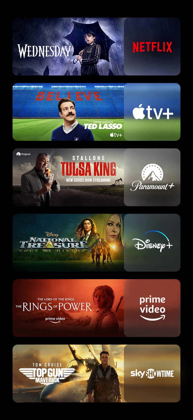 Snímek je rozdělen do šesti částí, přičemž každá obsahuje logo streamovací platformy a ukázku jejího obsahu. Logo platformy Netflix a seriál Wednesday, logo platformy Apple TV+ a seriál Ted Lasso, logo platformy Paramount+ a seriál Král Tulsy, logo platformy Disney+ a seriál Lovci pokladů, logo platformy Prime video a seriál Prsteny moci, logo platformy SkyShowtime a film Top Gun.