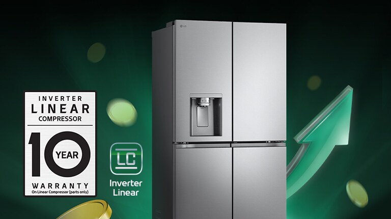 Obrázek xhladničky s rostoucími šipkami a mince zobrazujicí úsporu nákladů.