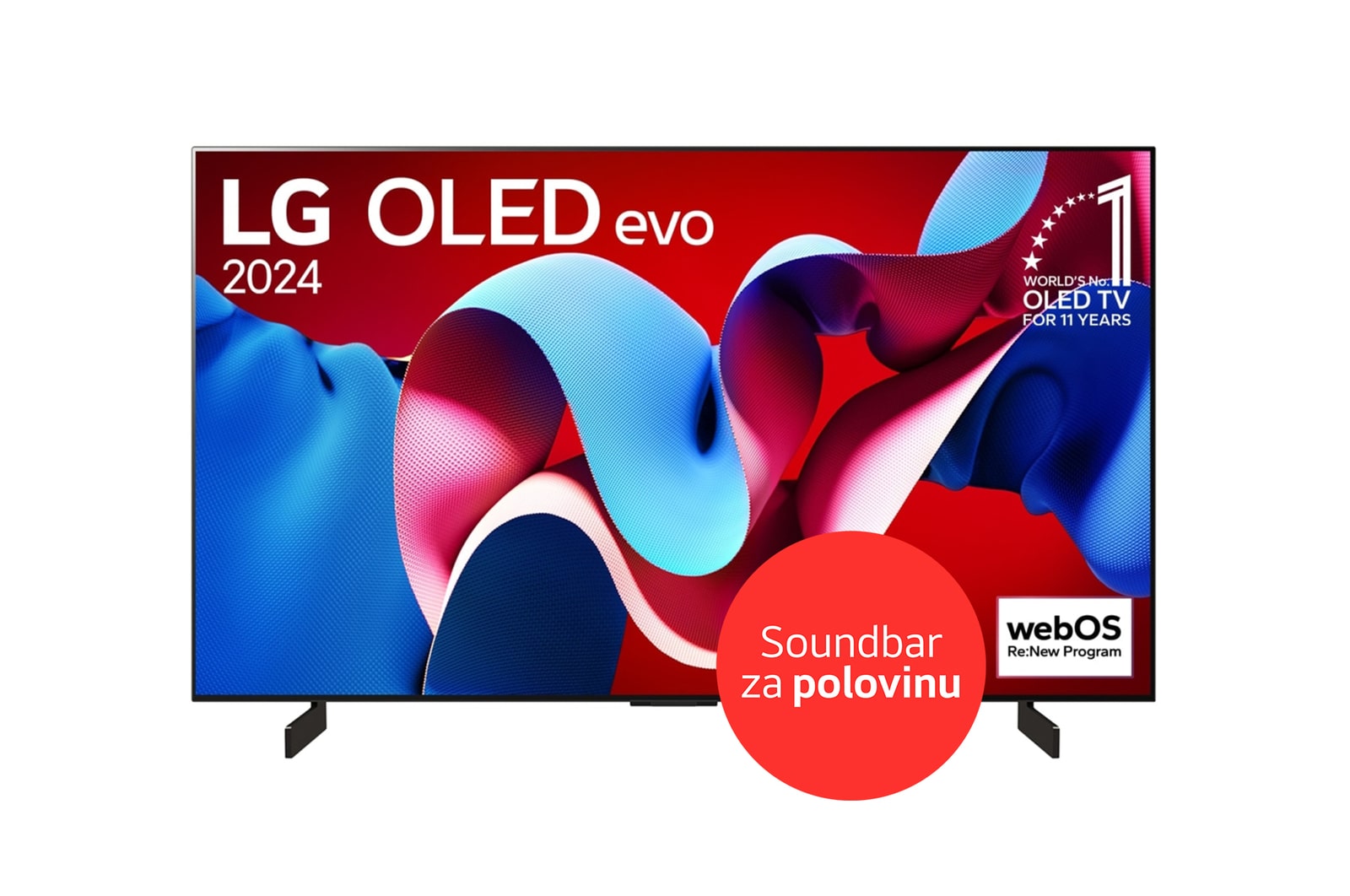 Pohled zepředu na 42 palcový OLED TV v tenkém designu s úzkým rámem obrazovky, umístěný na stabilních bočních stojanech.