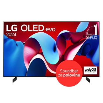 Pohled zepředu na 42 palcový OLED TV v tenkém designu s úzkým rámem obrazovky, umístěný na stabilních bočních stojanech.