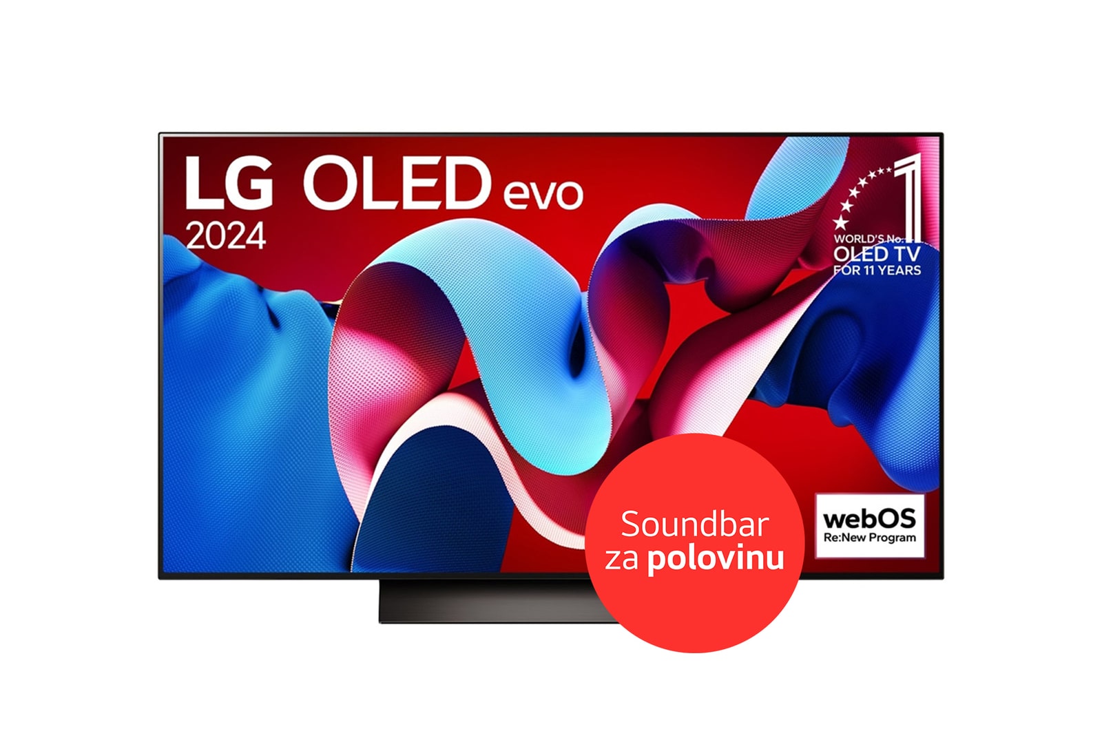 Pohled zepředu na 48 palcový OLED TV v tenkém designu, úzkým rámem obrazovky, umístěný na jednoduchém a stabilním stojanu 