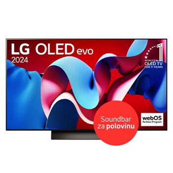 Pohled zepředu na 48 palcový OLED TV v tenkém designu, úzkým rámem obrazovky, umístěný na jednoduchém a stabilním stojanu 