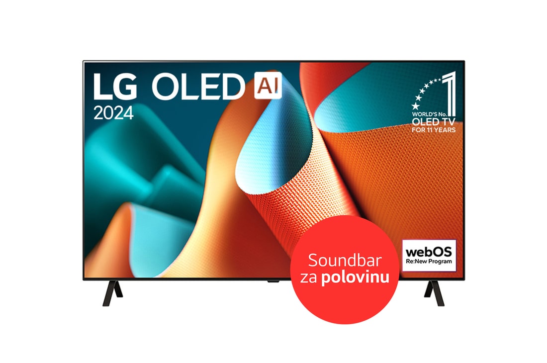 Čelní pohled na televizor LG OLED, OLED AI B4E, s emblémem 11 let světové jedničky OLED a logem programu webOS Re:New na obrazovce s dvousloupkovým stojanem