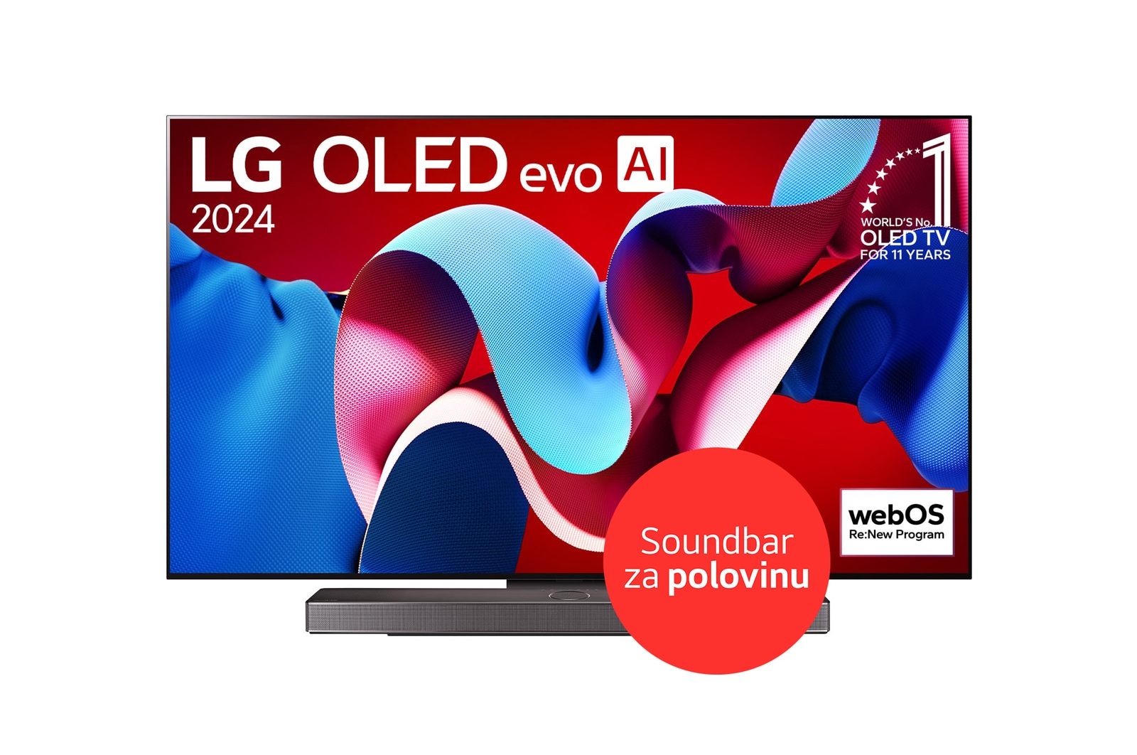 Přední pohled s LG OLED evo TV, OLED C4, 11-leté světové číslo 1 OLED Emblem logo a webOS Re:New Program logo na obrazovce, stejně jako soundbar níže