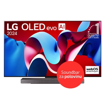 Přední pohled s LG OLED evo TV, OLED C4, 11-leté světové číslo 1 OLED Emblem logo a webOS Re:New Program logo na obrazovce, stejně jako soundbar níže
