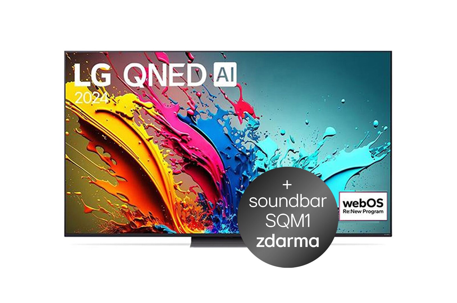 Pohled zepředu na 50"QNED TV v tenkém designu, úzkým rámem, ostrou ukázkou výrazných barev a pevným stojanem uprostřed