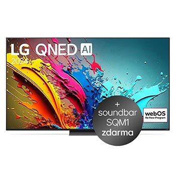 Pohled zepředu na 50"QNED TV v tenkém designu, úzkým rámem, ostrou ukázkou výrazných barev a pevným stojanem uprostřed