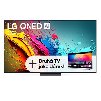 Pohled zepředu na 86"QNED TV v tenkém designu, úzkým rámem, ostrou ukázkou výrazných barev a pevným stojanem uprostřed