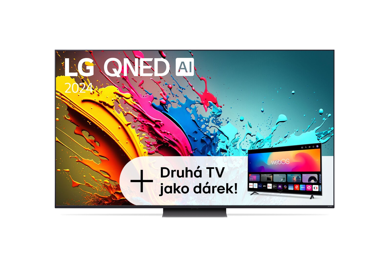 Pohled zepředu na 86"QNED TV v tenkém designu, úzkým rámem, ostrou ukázkou výrazných barev a pevným stojanem uprostřed