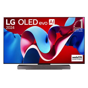 Přední pohled s LG OLED evo TV, OLED C4, 11-leté světové číslo 1 OLED Emblem logo a webOS Re:New Program logo na obrazovce, stejně jako soundbar níže