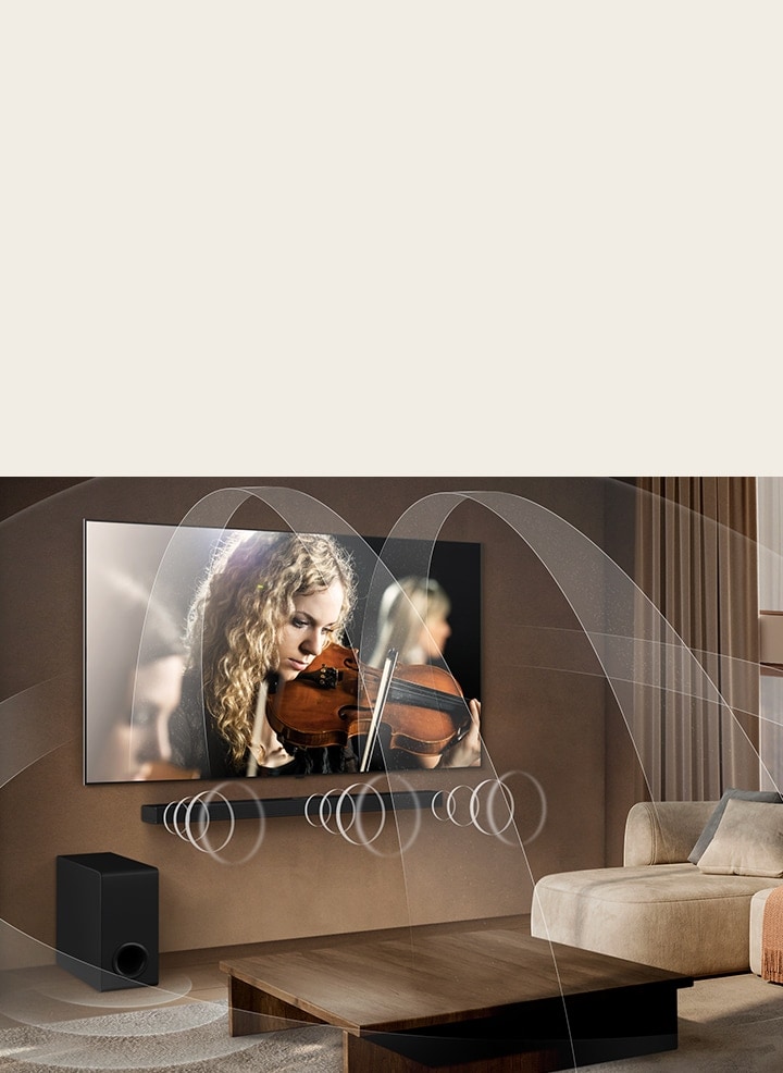 Obývací pokoj s LG OLED TV a LG Soundbar s grafikou znázorňující, jak obě zařízení naplňují místnost prostorovým zvukem.