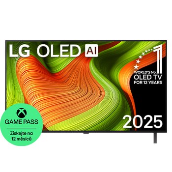 Čelní pohled na LG OLED AI B5 4K Smart TV. Na obrazovce je emblém 12 let světové jedničky OLED a logo LG OLED AI 2025.