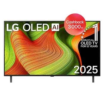 Čelní pohled na LG OLED AI B5 4K Smart TV. Na obrazovce je emblém 12 let světové jedničky OLED a logo LG OLED AI 2025.