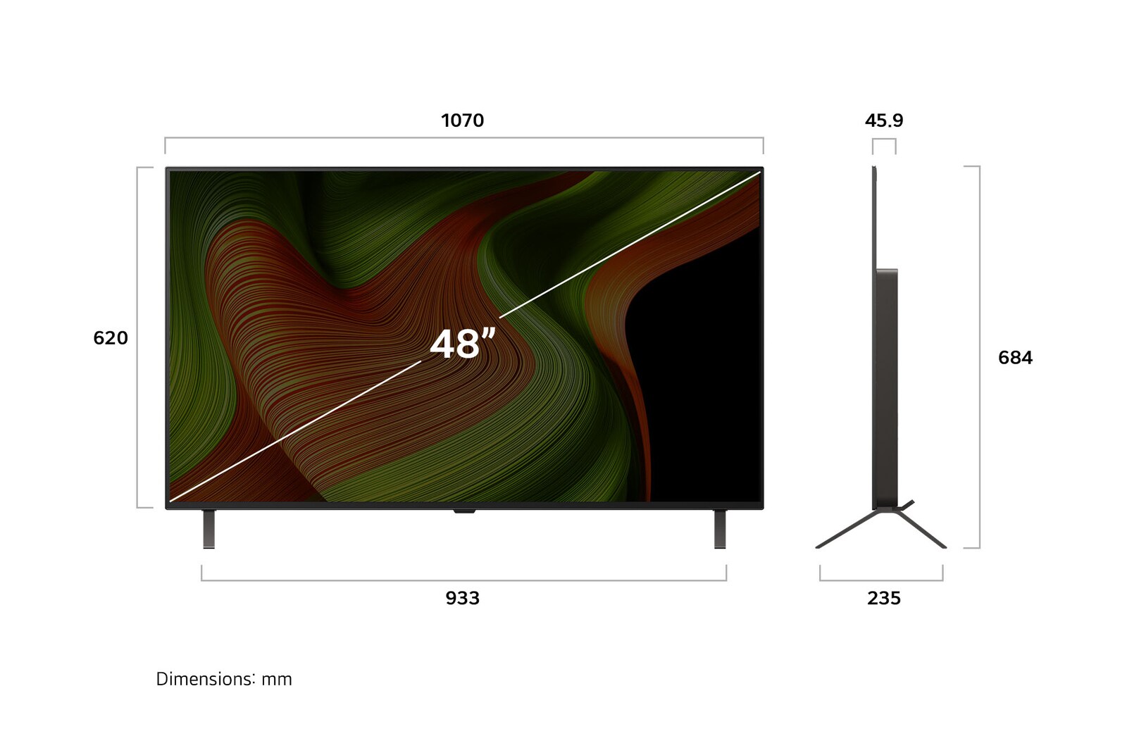 Pohled zepředu a z boku na LG OLED AI B5 4K Smart TV s rozměry na délku, šířku, výšku a hloubku.