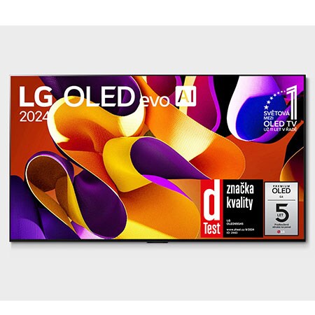 Pohled zepředu na 65“ OLED TV s tenkým designem, úzkým rámem obrazovky, montáží na stěnu, živou ukázkou barev a soundbar níže