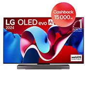 Přední pohled s LG OLED evo TV, OLED C4, 11-leté světové číslo 1 OLED Emblem logo a webOS Re:New Program logo na obrazovce, stejně jako soundbar níže