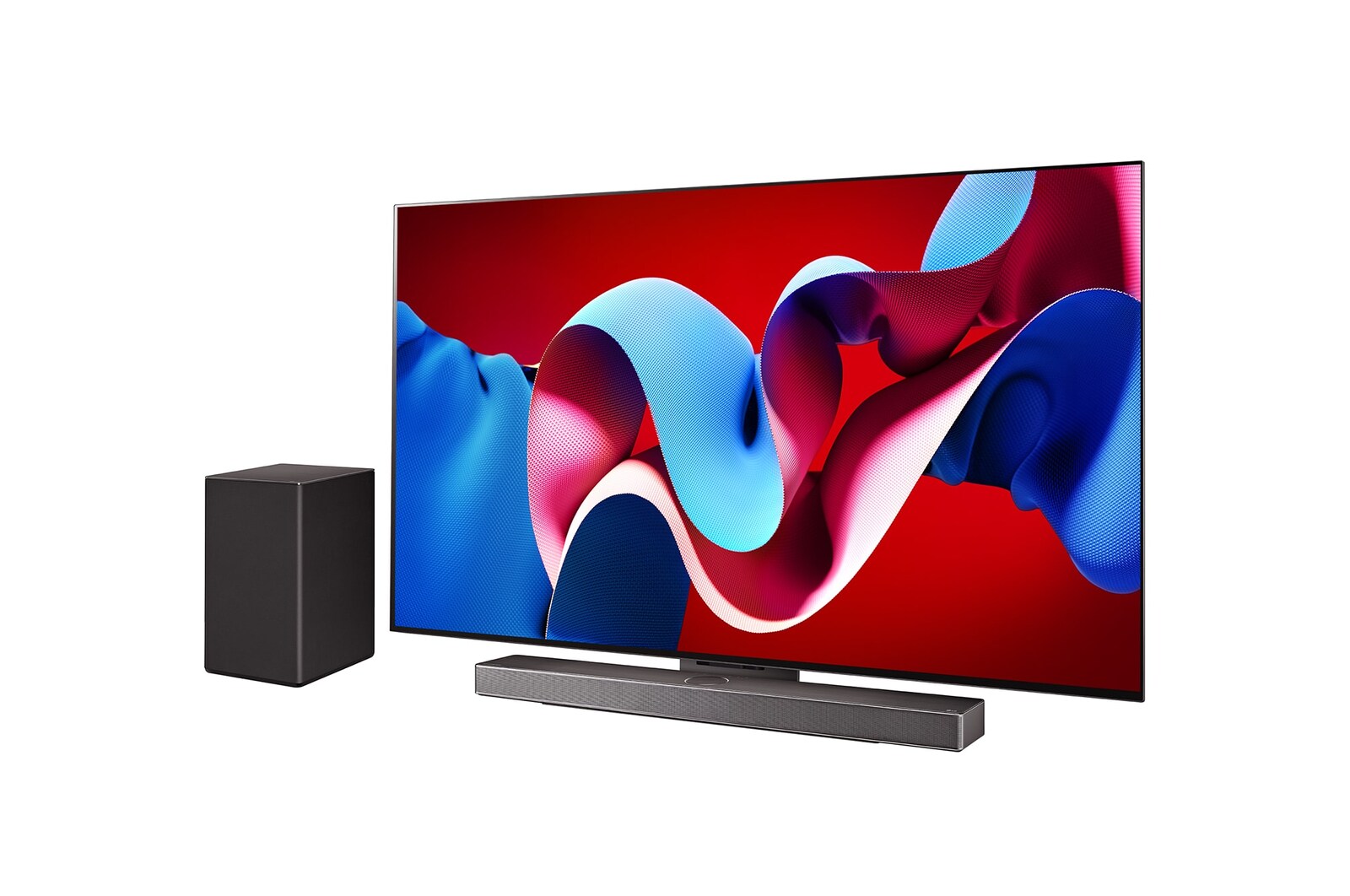 Mírně úhlový pohled na LG OLED evo TV, OLED C4 s LG Soundbarem dole a subwooferem po straně