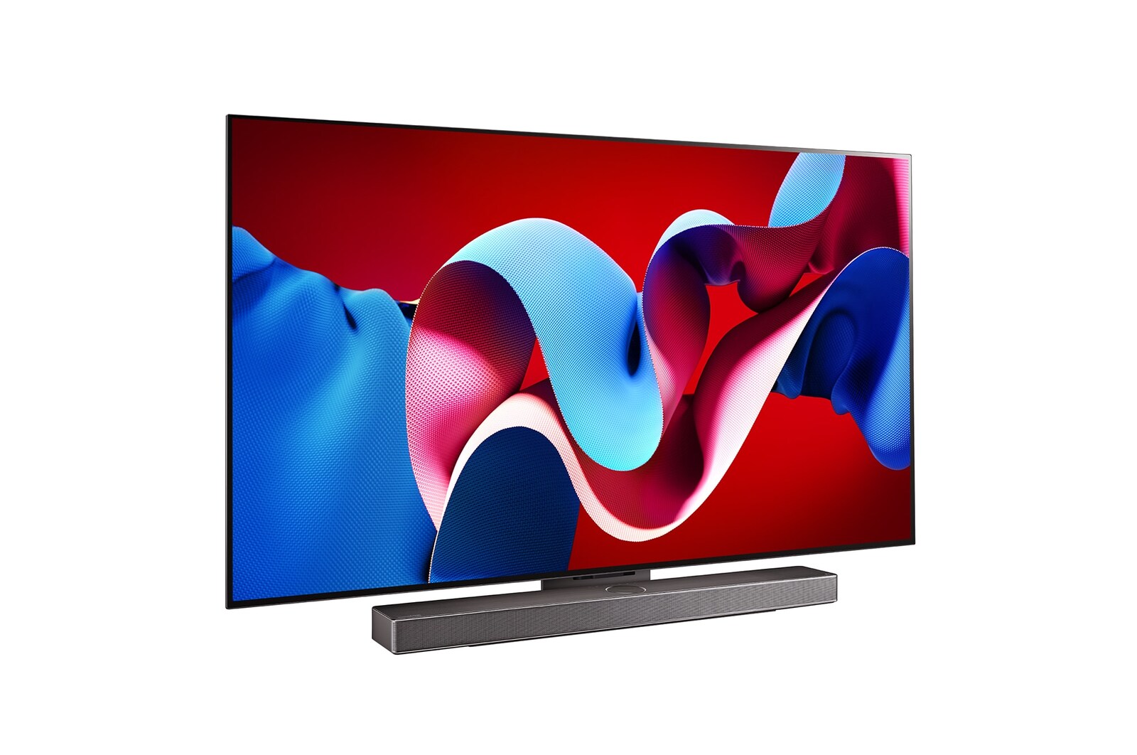 Mírně úhlový pohled na LG OLED evo TV, OLED C4 s LG Soundbarem níže