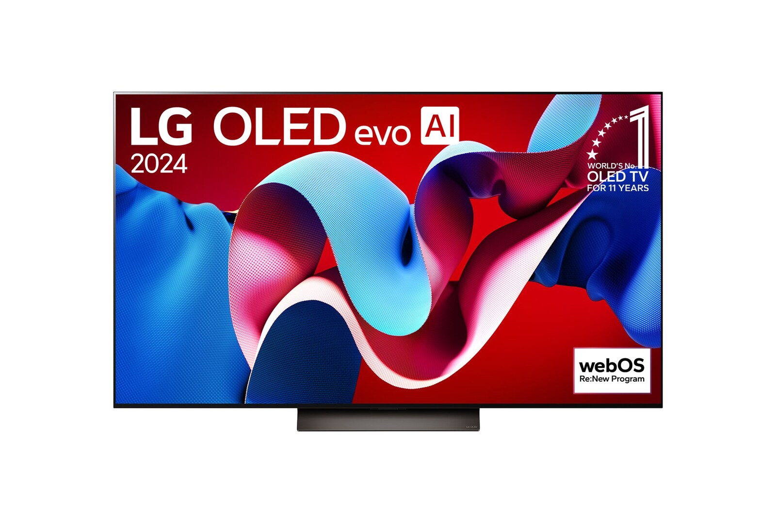 Přední pohled s LG OLED evo TV, OLED C4, 11-leté světové číslo 1 OLED Emblem logo a webOS Re:New Program logo na obrazovce