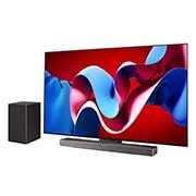 Mírně úhlový pohled na LG OLED evo TV, OLED C4 s LG Soundbarem dole a subwooferem po straně