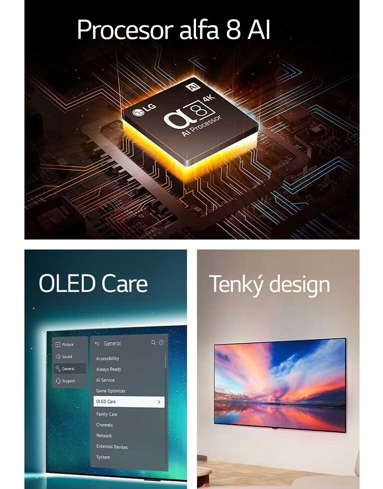 Procesor značky LG alpha 8 AI na základní desce vydávající oranžové světelné paprsky.  V nabídce podpory nahoře na obrazovce je vybrán televizor OLED TV s nabídkou OLED Care.  Tenký design v bočním pohledu, jak je umístěn naplocho u stěny v moderním obytném prostoru.