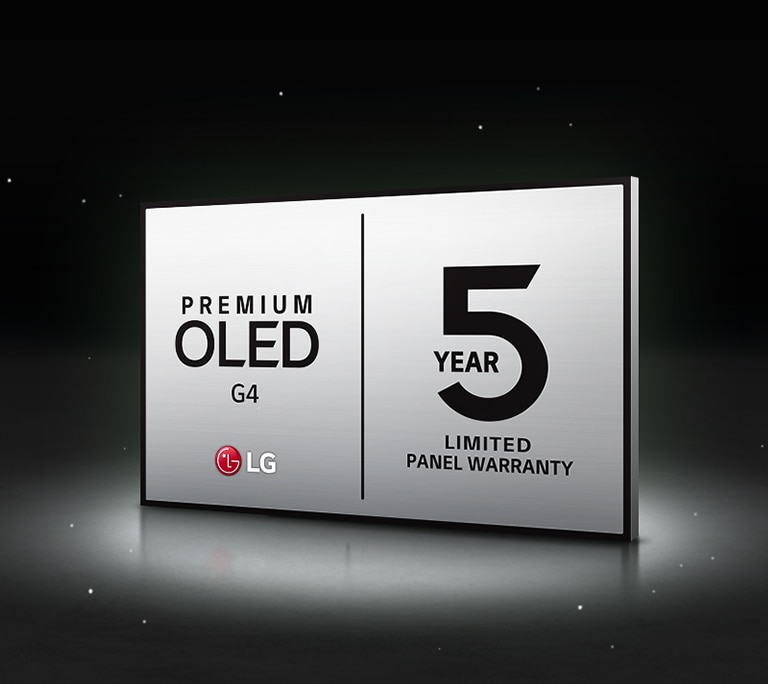 Logo LG OLED Care+ a 5letá záruka na černém pozadí.