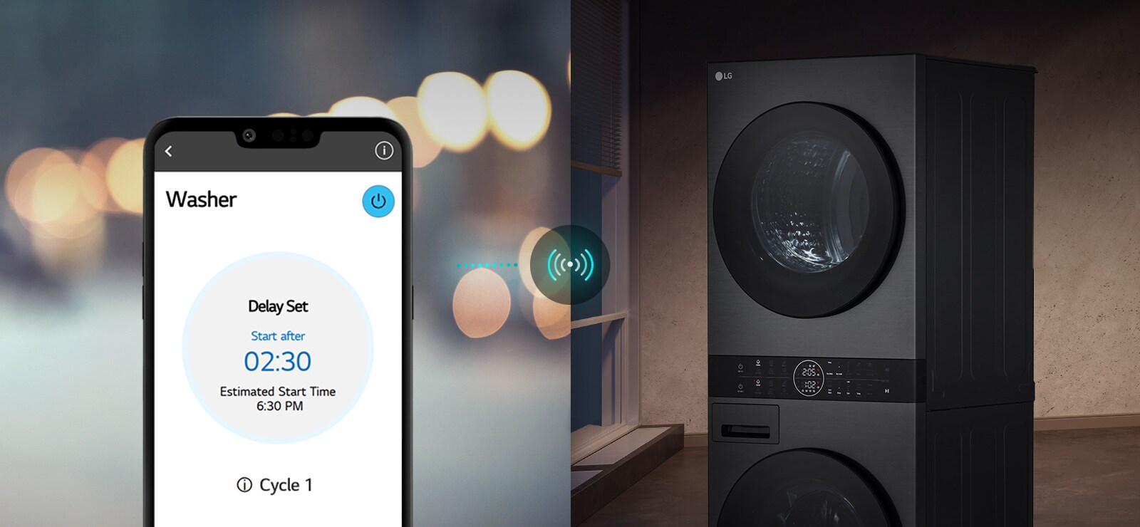Telefon zobrazující aplikaci LG ThinQ s nastavením zpožděného startu pračky, vpravo LG WashTower™ připojený přes Wi-Fi.