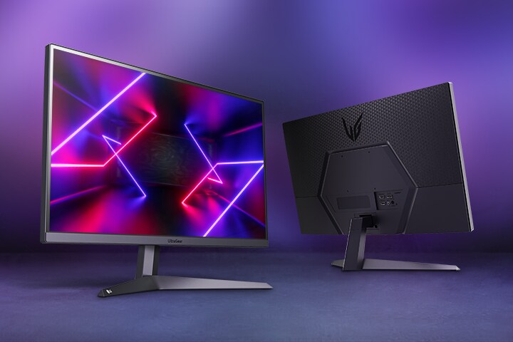 Dva obrázky zobrazující přední a zadní stranu monitoru.