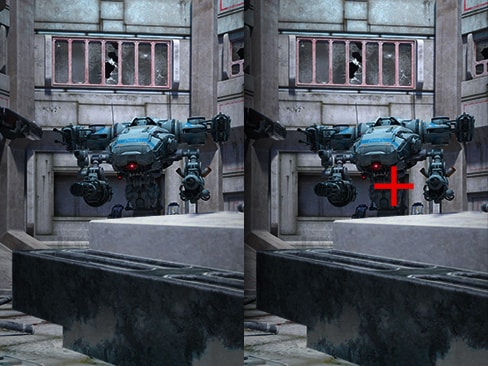 Srovnání funkce zaměřovače Crosshair – na levém obrázku je zaměřovač Crosshair „vypnutý“ a na pravém obrázku je zaměřovač Crosshair „zapnutý“