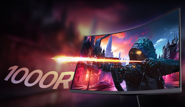 Boční pohled na monitor s herní postavou lukostřelce na obrazovce.