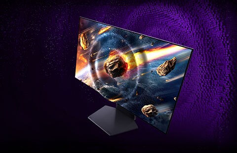 Monitor Ultra Gear je nakloněn pod úhlem a na obrazovce se zobrazuje obraz padajícího Marsu, na jehož pozadí jsou zobrazeny vlnové délky pixelů.