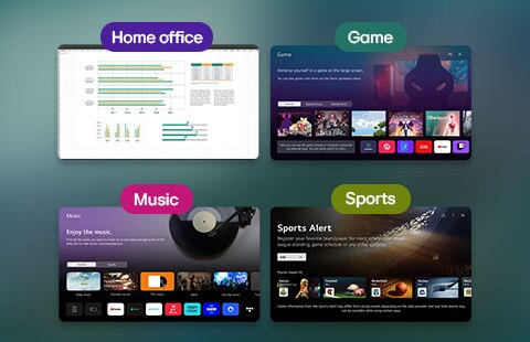 Rozmanitost aplikací v systému webOS 23, včetně aplikací Home Office, Hry, Hudba a Sport.