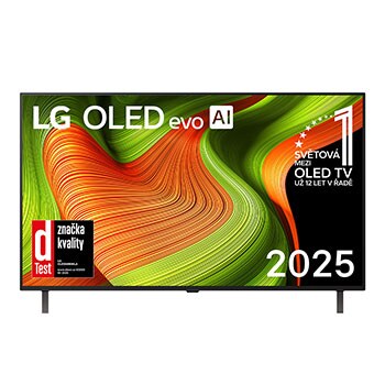 Čelní pohled na LG OLED AI B5 4K Smart TV. Na obrazovce je emblém 12 let světové jedničky OLED a logo LG OLED AI 2025.