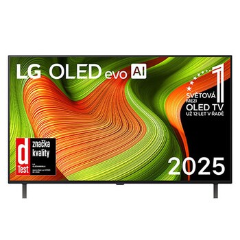 Čelní pohled na LG OLED AI B5 4K Smart TV. Na obrazovce je emblém 12 let světové jedničky OLED a logo LG OLED AI 2025.