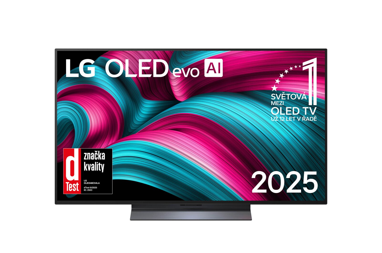 Čelní pohled na LG OLED evo AI C5 4K Smart TV. Na obrazovce je emblém 12 let světové jedničky OLED a logo LG OLED evo AI 2025.