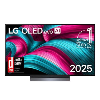 Čelní pohled na LG OLED evo AI C5 4K Smart TV. Na obrazovce je emblém 12 let světové jedničky OLED a logo LG OLED evo AI 2025.