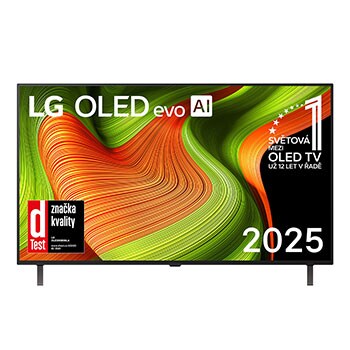 Čelní pohled na LG OLED AI B5 4K Smart TV. Na obrazovce je emblém 12 let světové jedničky OLED a logo LG OLED AI 2025.